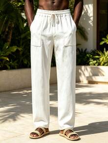 Men's Summer Casual Solid Color Linen Pants, Elastic Drawstring Waist, Large Pockets, Loose Wide Leg, Suitable For Daily Wear, Vacation, Slouchy, Versatile - White - View 3