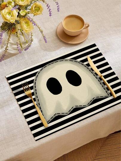 Halloween Day Of The Dead Heat-Insulated Placemats, Bat Owl Cat Linen Placemats, Stain-Resistant Placemats, Suitable For Home Dining Room And Restaurant, Table Decor, Home Supplies 4pcs/6pcs/18pcs