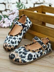 Girls' Leopard Print Patchwork Mary Jane Shoes, Vintage Round Toe Hook And Loop Strap Rhinestone Decor Slip-On Princess Shoes, Versatile - Beige - View 1