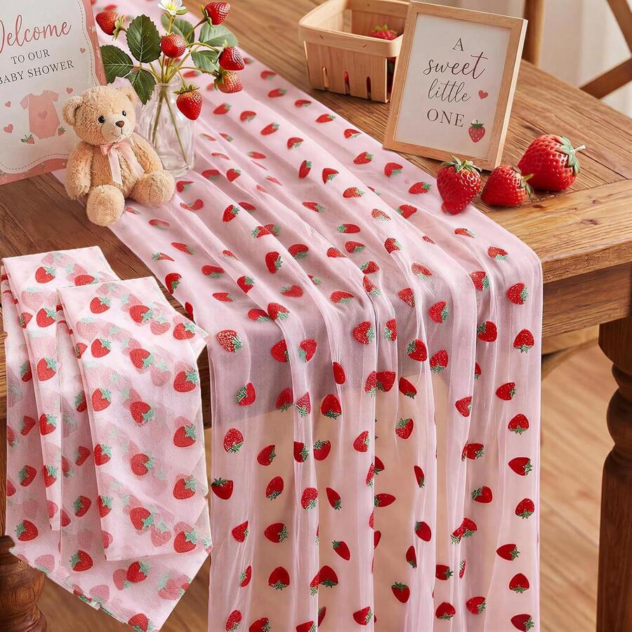1/2pcs Strawberry Decor Table Runner 29 X118 Inch, Pink Glitter Strawberry Theme Wedding Birthday And Home Decorations, Tulle Tablecloth For Berry First Birthday Party,Strawberry Party Supplies