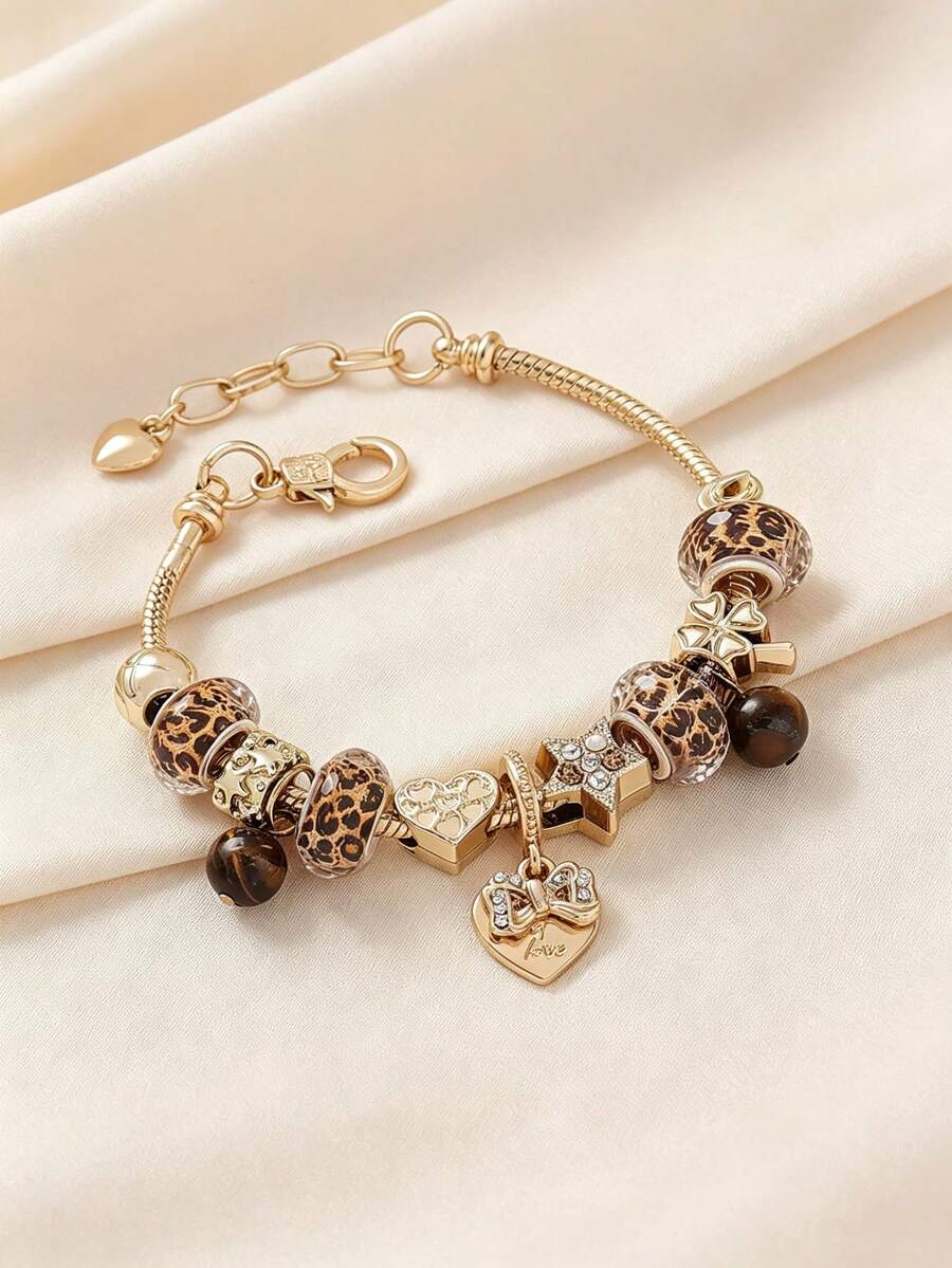 1 buah Gelang Manik-Manik dengan Manik-Manik Motif Leopard, Bintang, Hati, Batu Mata Harimau, Perhiasan Mewah yang Modis - Emas - View 1