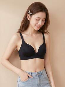 Women's Minimalist Solid Color Thin Wire-Free Push-Up Comfortable Bra, Full Coverage Seamless Bra With Side-Boob Support And Anti-Sagging, Suitable For Small Chests [Flat Chest Specialized] - Black - View 2