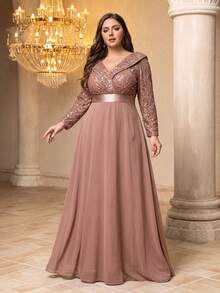 V-Neck Doll Dress With 3/4 Sleeve, Sequin Patchwork Flared Skirt - Dusty Pink - View 4