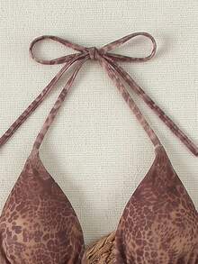 Conjunto de bikini de 3 piezas con estampado de leopardo y cuello halter, con cubierta de malla de pierna ancha, traje de baño sexy para vacaciones - Multicolor - Ver 4