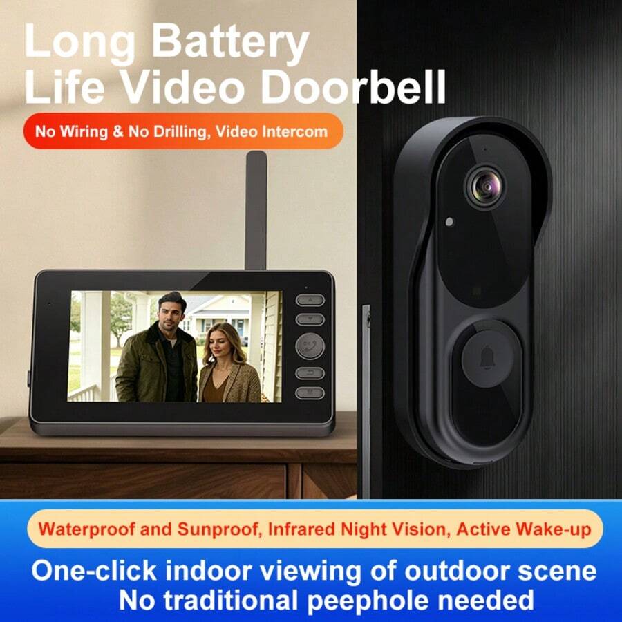 Wireless Video Doorbell With 4.3-Inch IPS Display, Smart Doorbell Camera, Two-Way Audio, 125° Wide Angle Lens, Infrared Night Vision, No WiFi No APP Required, 128GB TF Card Loop Recording, 1800mAh Battery, IP65 Waterproof Home Security - View 1