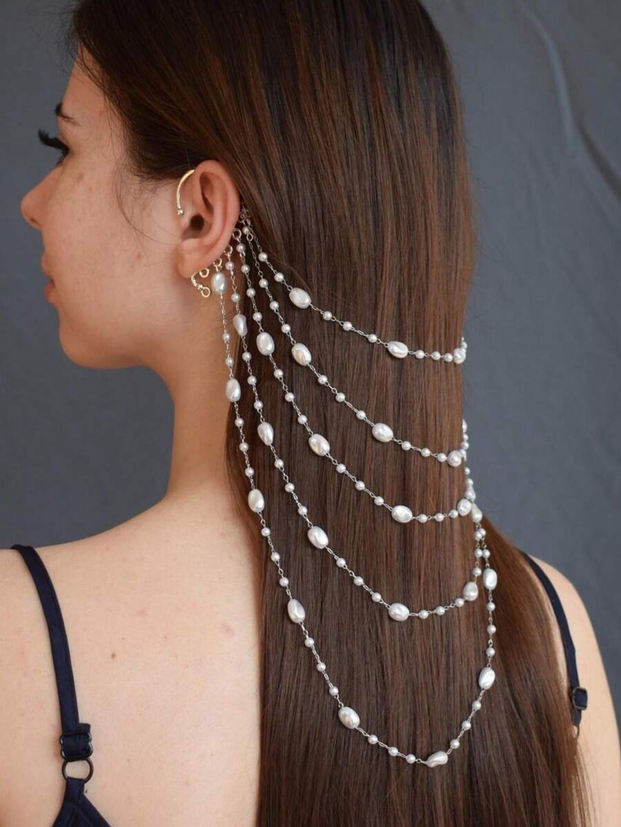 1pc Fashionable Elegant Women's Multi-Layer Pearl Chain Hair Chain Ear Hook Hair Accessory Chain For Party Banquet Hair Decoration Jewelry - Pearl Hair Chain - View 1