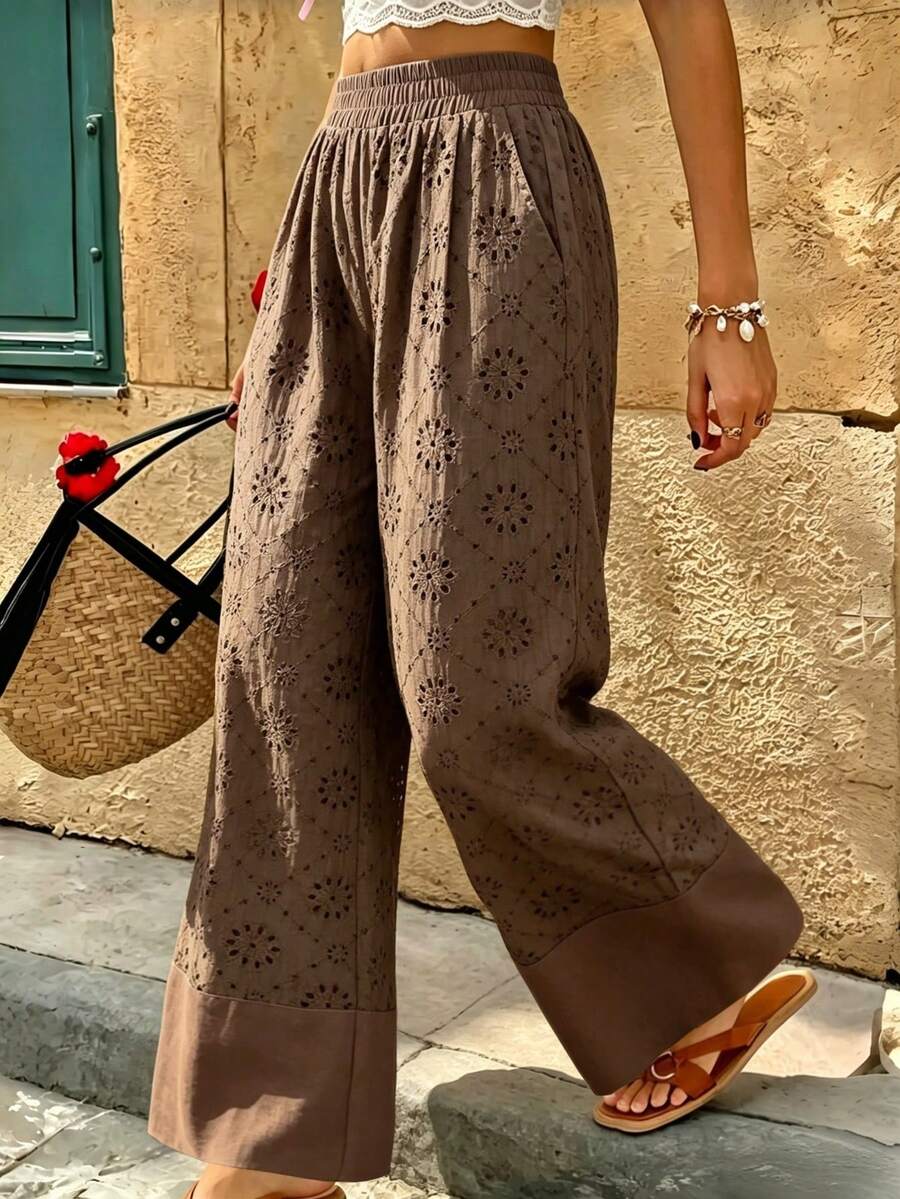 Women's Boho Brown Woven Fabric Straight Leg Pants With Embroidery Pockets Semi Sheer Non Stretch Home Vacation Spring Autumn Winter - Brown - View 1