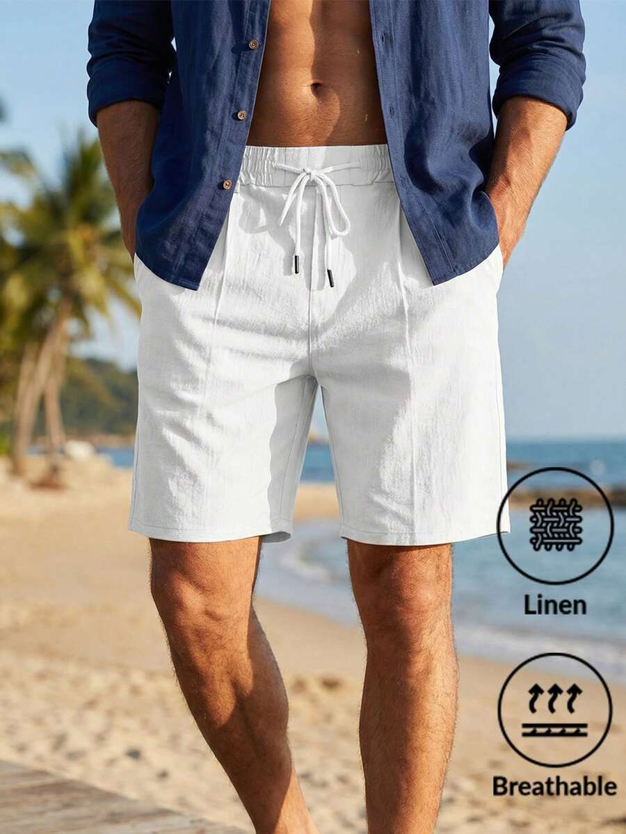 男士夏季休閒寬鬆亞麻簡約百搭通勤運動百慕大短褲,純色抽繩腰頭,戶外沙灘短褲 - 白色 - 查看 1