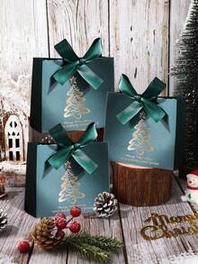 10pcs Christmas Gift Boxes, Mini Christmas Gift Boxes With Ribbon, Holiday Christmas Gift Boxes - Assorted Holiday Candy Gift Bags, Suitable For Christmas Party Gift Packaging Bags, Home Christmas Decoration, Christmas Decor, New Year Gift Bags (Claret) - Green - View 4