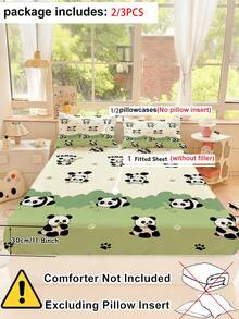 2/3PCS Adorable Cartoon Panda Bedding Set, Green Bamboo & Paw Print Bed Sheet With Pillowcases, Soft Microfiber Fitted Sheet (Twin/Full/Queen/King Size) - Multicolor - View 6