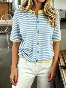 Women Cropped Striped Knit Cardigan Notch Neck Short Sleeves Contrast Button Placket Vertical Rib Fabric For Spring Fall Daily Shopping Trips - Blue - View 1