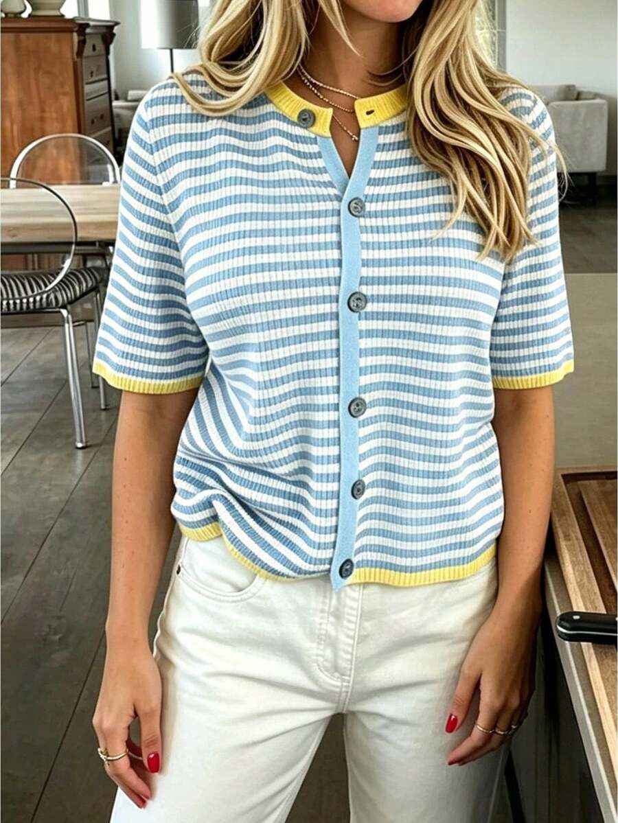 Women Cropped Striped Knit Cardigan Notch Neck Short Sleeves Contrast Button Placket Vertical Rib Fabric For Spring Fall Daily Shopping Trips - Blue - View 1