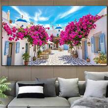 1pc Diamond Painting Kit, Romantic Mediterranean Style Diamond Art, Santorini Blue & White Town With Rose Red Flower Wall Landscape, Handmade Rhinestone Decor Wall Painting, Gift - round diamond - View 2