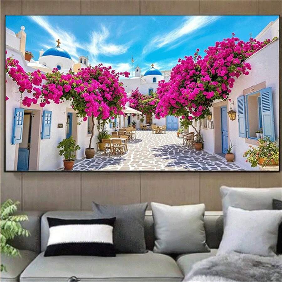 1pc Diamond Painting Kit, Romantic Mediterranean Style Diamond Art, Santorini Blue & White Town With Rose Red Flower Wall Landscape, Handmade Rhinestone Decor Wall Painting, Gift
