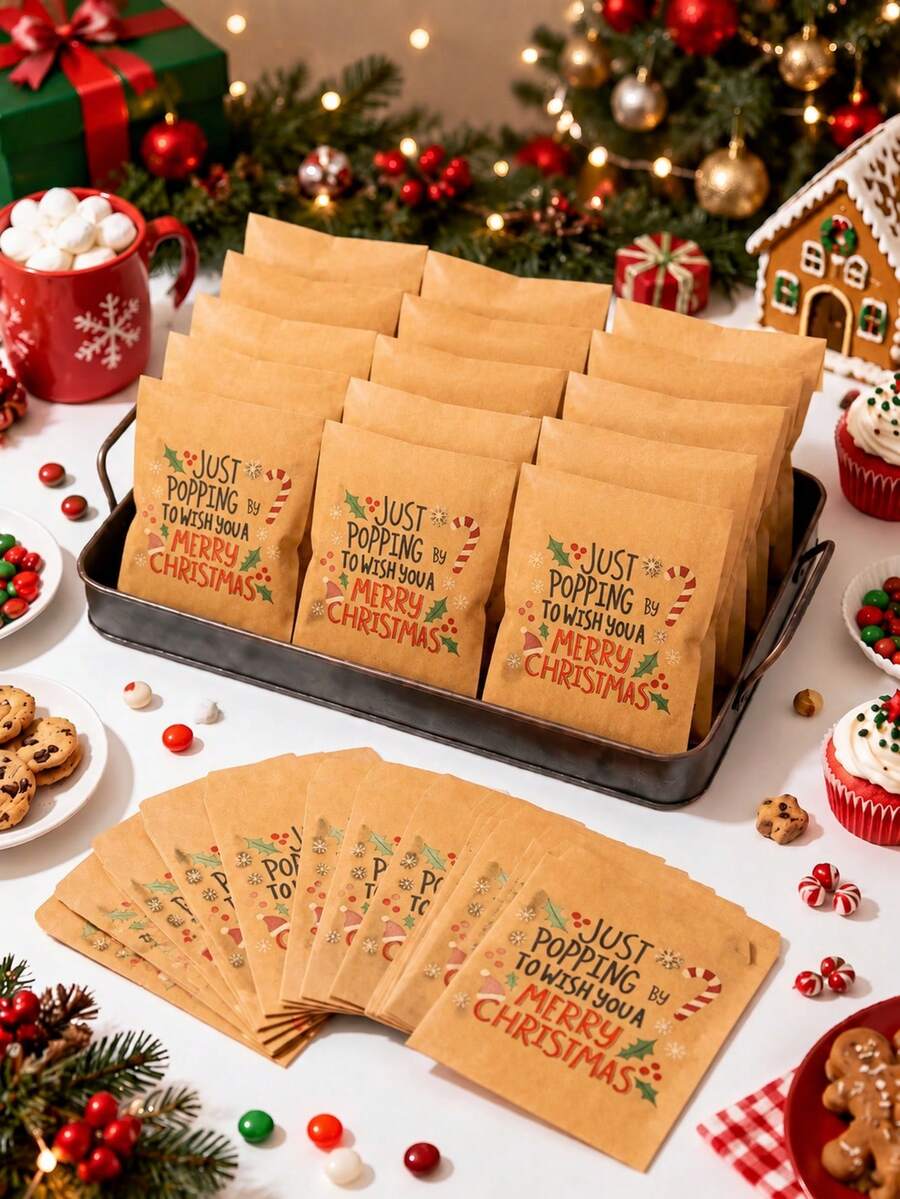 1 Set Kraftpapier Weihnachtsgeschenk-Umschläge, Zuckerstange Stechpalme Weihnachtsmütze, Weihnachtsgeschenktüten, Klassenzimmer-Aktivitäten, Feiertags-Party-Geschenke, Frohe Weihnachten Heimdekoration, Weihnachtsdekorationen, Klassenzimmer-Aktivitäten