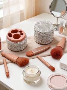1 Set Rhinestone-Encrusted Cylindrical Makeup Brush Holder, Full Rhinestone Sparkling Craftsmanship Surface With Exquisite Pink Inner Lid Design, Large Capacity To Store Makeup Brushes, Foundation Brushes, Eyeshadow Brushes, Blush Brushes And Other Makeup Tools, Also Suitable For Lipsticks, Eyelash Curlers And Other Cosmetic Tools, Perfect For Vanity, Makeup Table, Bathroom Countertop And Bedroom Desk - Pink - View 3