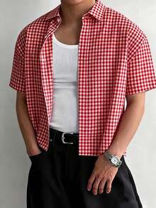 WAIT HIM 男士休闲宽松格子短袖衬衫，适合通勤穿着 - 紅白色 - 查看 2