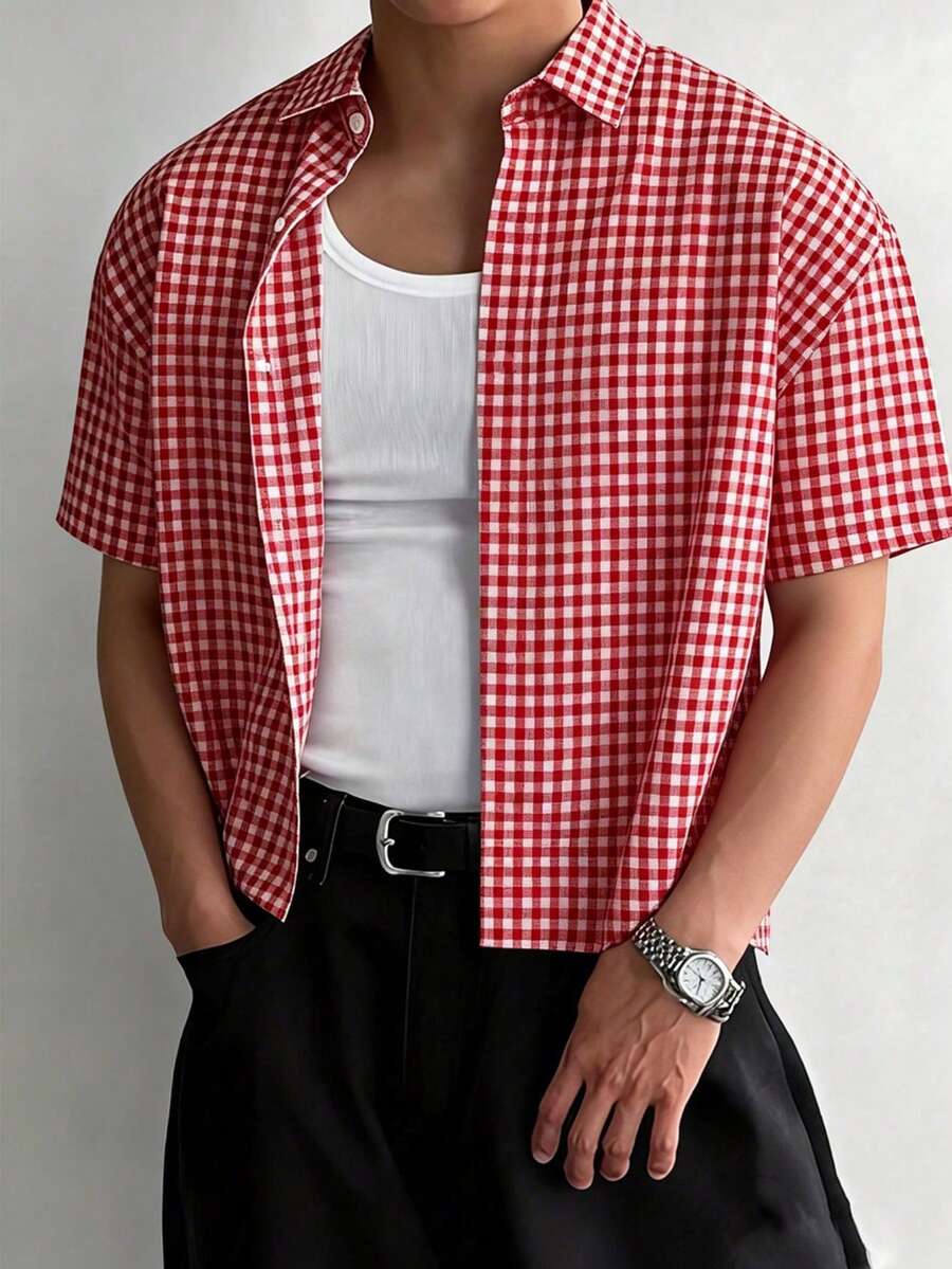 WAIT HIM 男士休闲宽松格子短袖衬衫，适合通勤穿着