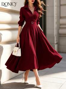 Gaun Kemeja Panjang Sedang Warna Merah Anggur, Gaun Pesta Pernikahan Elegan Wanita Berkerah Lengan 3/4 dengan Detail Kerut dan Pinggang yang Rapi, Model A-Line yang Mengalir - Burgundy - View 4