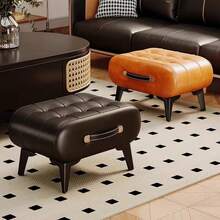 Banquinho Vintage de Couro Sintético Encerado, Banquinho de Couro Artificial Quadrado Pequeno, Couro Sintético Luxuoso e Suave, Design Minimalista Moderno, Adequado para Armazenamento de Sapatos na Entrada da Casa, Assento de Piquenique, Móvel Decorativo de Banquinho para Sala de Estar e Quarto - Multicolorido - Visão 2