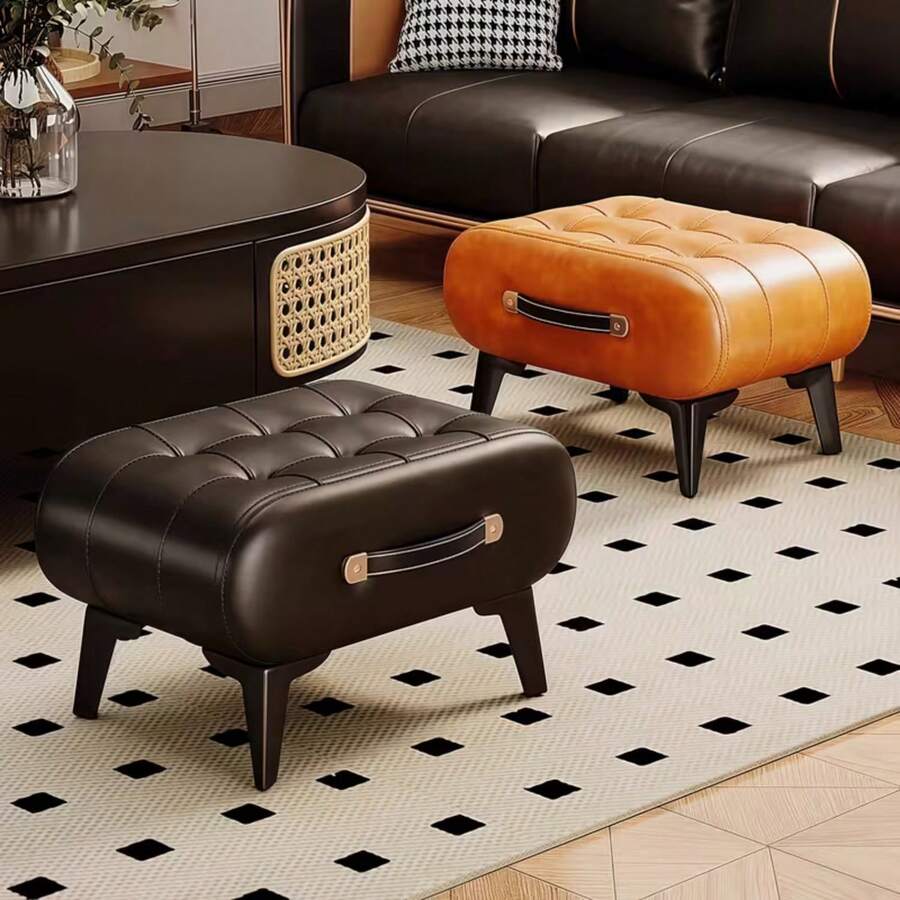 Banquinho Vintage de Couro Sintético Encerado, Banquinho de Couro Artificial Quadrado Pequeno, Couro Sintético Luxuoso e Suave, Design Minimalista Moderno, Adequado para Armazenamento de Sapatos na Entrada da Casa, Assento de Piquenique, Móvel Decorativo de Banquinho para Sala de Estar e Quarto
