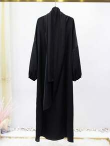 Solid Color One-Piece Hooded Abaya, Cuffed Puff Long Sleeve Abaya, Middle Eastern Women Prayer Cover-Up - Black - View 4