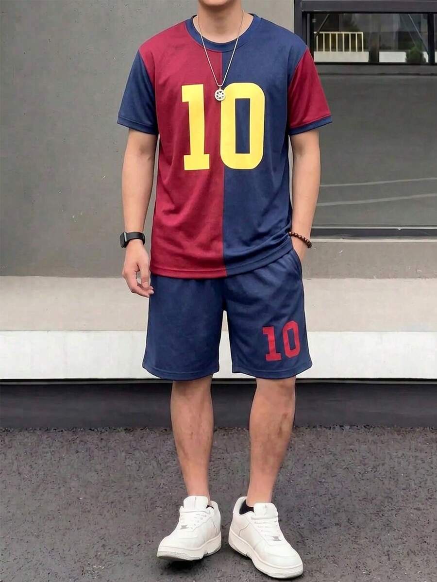 2pcs/Set Teen Boys' Cool Football Style Contrast Color 10 Number Print T-Shirt And Shorts Set - Multicolor - View 1