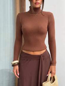 SEREN New Autumn/Winter Brown Turtleneck Women's Sweater, Slim Fit, Solid Color Vertical Ribbed Texture, Casual Top, Suitable For Daily Wear - Coffee Brown - View 7