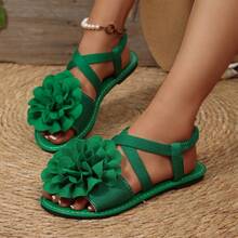 New Fashion Large Flower Cross Elastic Strap Flat Sandals For Women, Bohemian Vacation Travel Photography Back Strap Fairy Open Toe Shoes - Green - View 3
