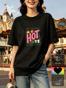 Hot Summer Mood Bold Lettering & Drinks, Fun Summer Style, Organic Cotton Short Sleeve Tee, Women - 黑色 - 查看 1