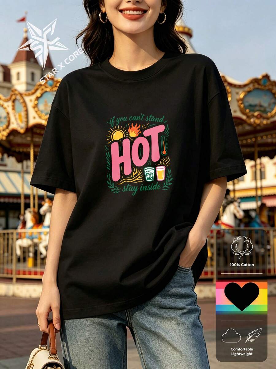 Hot Summer Mood Bold Lettering & Drinks, Fun Summer Style, Organic Cotton Short Sleeve Tee, Women - 黑色 - 查看 1