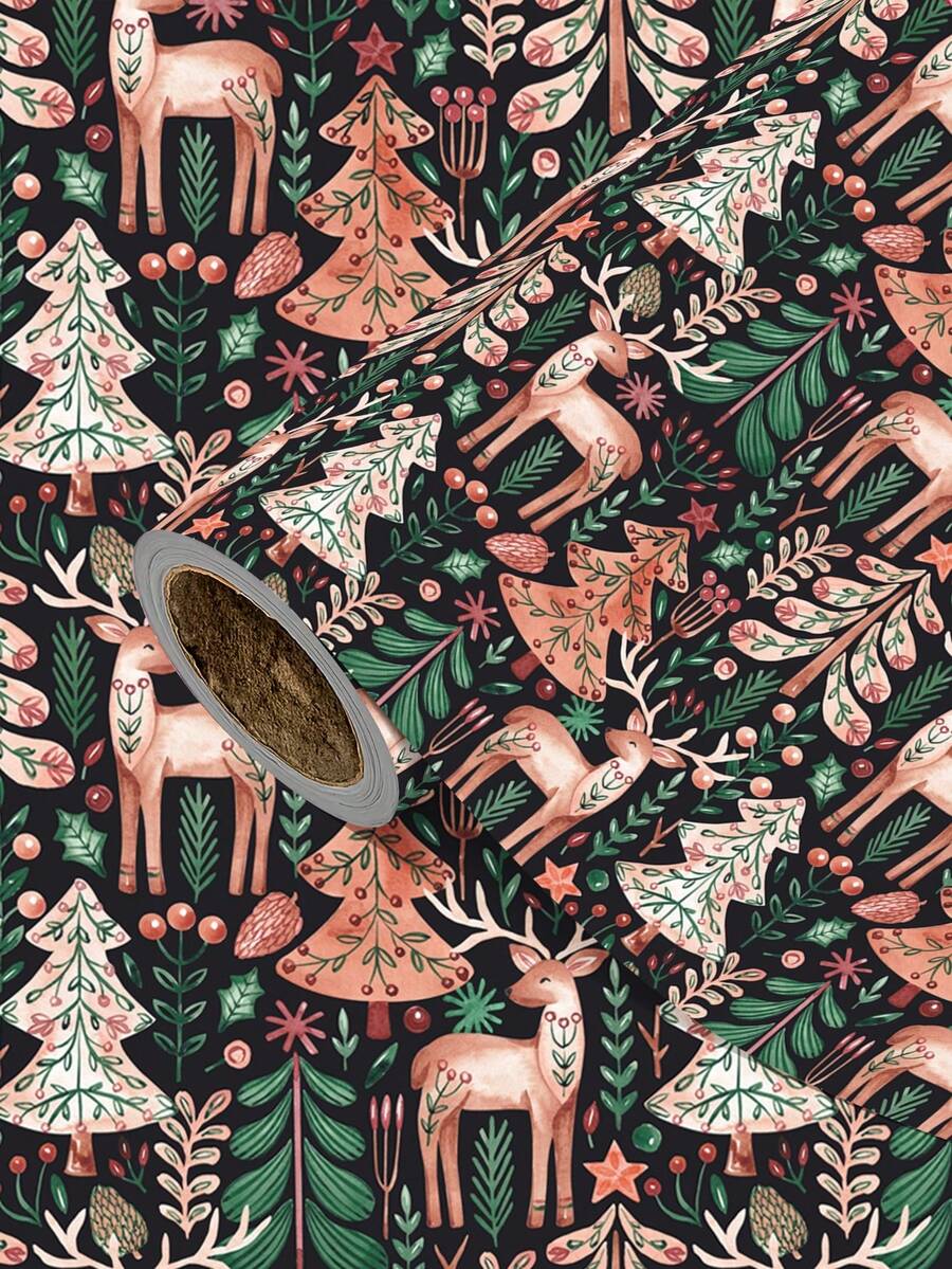 1 Roll Of Christmas Gift Wrapping Paper Featuring A Christmas Forest And Reindeer Pattern;Perfect For Wrapping Christmas Gifts, Decorating For Christmas Parties, And Holiday Gift-Giving.1 Roll Size: 43 Cm X 300 Cm. - A - View 1
