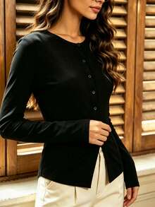 Women's Round Neck Waist-Cinching Long Sleeve Top, Slim Fit, Flattering, Black, Elegant, Commuter, Versatile, Solid Color, Mature Style, Spring/Autumn, Daily Wear - Black - View 5