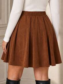 Rok Panjang Selutut Berlipit Model Mengembang dari Kain Tenun Ukuran Plus Gaya Vintage - Coklat - View 4