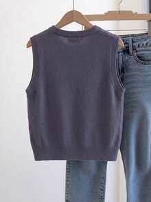 Girls' Grey 3D Floral Knit Vest, Spring/Autumn Round Neck Sleeveless Sweater, Versatile Layering Top For Big Girls - Grey - View 2