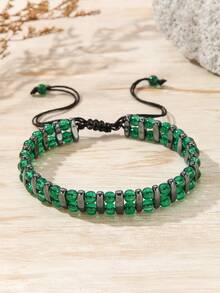 1pc Men's Double Layer Lava & Hematite Beaded Bracelet Adjustable Drawstring Vintage Casual Wrist Jewelry Gift For Men - Multicolor - View 5