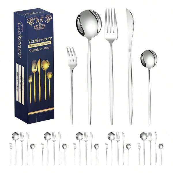 1/20/30pcs Stainless Steel Western Cutlery Set, Includes Steak Knife, Dinner Fork, Main Course Spoon, Dessert Fork And Coffee Spoon. One-Piece Molding Process, Mirror Polished Smooth And Easy To Clean, Long Handle Comfortable Grip. Versatile Minimalist Design, Suitable For Various Dining Table Styles, Home, Light Meal Shop, Comes With Exquisite Gift Box, Perfect For Self-Use Or Gifting.