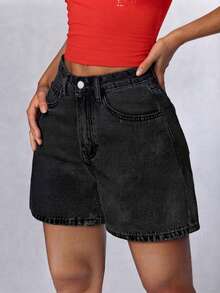 Teen Girls' Casual Black Button Pocket Denim Shorts - Black - View 4
