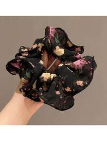 1 buah Ikat Rambut Scrunchie Chiffon Motif Bunga Gaya Korea Vintage Prancis, Aksesori Rambut Sanggul Elegan dan Serbaguna - Hot Pink - View 4