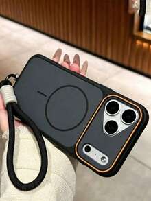 1PC New Color-Block Magnetic Phone Case Compatible With Iphone 17 Pro Max, Skin-Feel Matte Soft Edge Full Coverage Anti-Drop, Compatible With 16 Pro Max/15/14 Pro/13/12, Couple Premium Style With Lanyard - Black + Short Rope - View 17