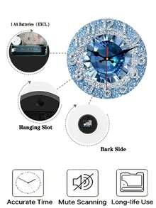 1pc 2D Flat Shiny Blue Crystal Silent Swiss Round Quartz Wooden Wall Clock, Design Pattern Style, Suitable For Decorating Bedroom, Living Room, Office, Kitchen And Coffee Shop, 10/12 Inch (AA Battery Not Included), Perfect Christmas Gift - Multicolor - View 7