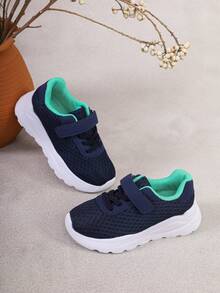 Minimalist Sporty Kids Running Training Casual Shoes, Navy Blue Breathable Mesh, Hook And Loop Strap, Round Toe Thick Sole, Suitable For Daily School Wear - Navy Blue - View 4