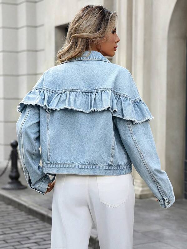 HAPPY GIRL#Spring/Autumn Fashion Casual Ruffle Trim Short Denim Jacket For Women, Suitable For School, Vacation, Daily Wear, Dating, Travel, Airport