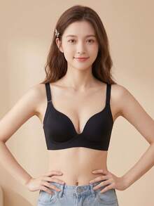 Women's Minimalist Solid Color Thin Wire-Free Push-Up Comfortable Bra, Full Coverage Seamless Bra With Side-Boob Support And Anti-Sagging, Suitable For Small Chests [Flat Chest Specialized] - Black - View 3