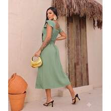 Women's Tailored Cropped Ruffle Sleeve Midi Skirt Set Front Slit High Waist Elegant Women's Fashion ✨ - 薄荷綠 - 查看 2