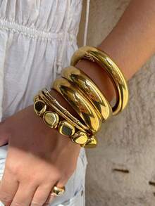 6pcs/3pcs Fashion Elegant Exaggerated Old Money Style Vintage Heavy-Duty CCB Elastic Bamboo Knot Asymmetrical Beaded Bracelet Stackable Metal Glossy Plain Bangle Set Small Medium Large Minimalist Personalized High-End Y2K Chunky Bracelet Suitable For Women Summer Beach Vacation Party Date Gathering Gift Daily Wear Versatile Jewelry - Yellow Gold - View 6
