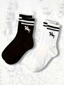 1/5/10 Pairs Unisex Striped Mid-Calf Socks, Soft & Comfortable Horse Pattern Casual Sports Socks, Suitable For Daily Wear Or Outdoor Activities, All Seasons Christmas Gift - Black and White - View 2