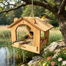 Natural Wood Hanging Bird Feeder For Outdoors, Open House Shape Wild Bird Seed Feeder, Weatherproof Hanging Bird Feeder For Yard Tree Garden Decoration, Attracts Finches Sparrows Wild Birds - A - View 1