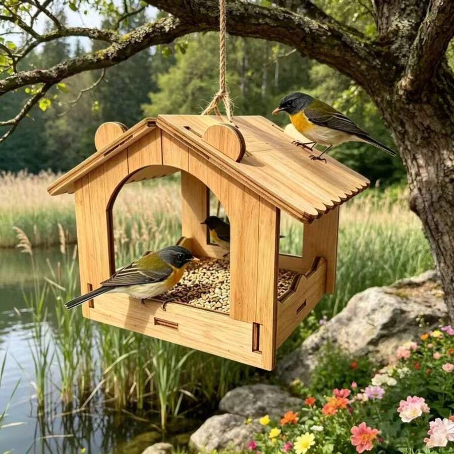 Natural Wood Hanging Bird Feeder For Outdoors, Open House Shape Wild Bird Seed Feeder, Weatherproof Hanging Bird Feeder For Yard Tree Garden Decoration, Attracts Finches Sparrows Wild Birds - A - View 1