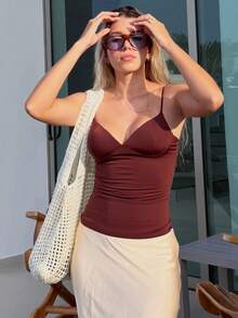 Women's Off-Shoulder Camisole Top, Black & Brown, Suitable For Summer Vacation & Spring Casual - Redwood - View 7